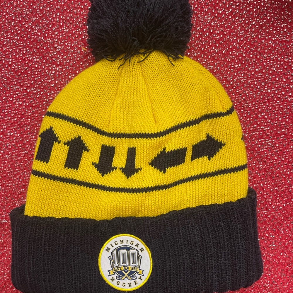 Michigan Hockey Yellow and Black Womans  Beanie with Pom Pom